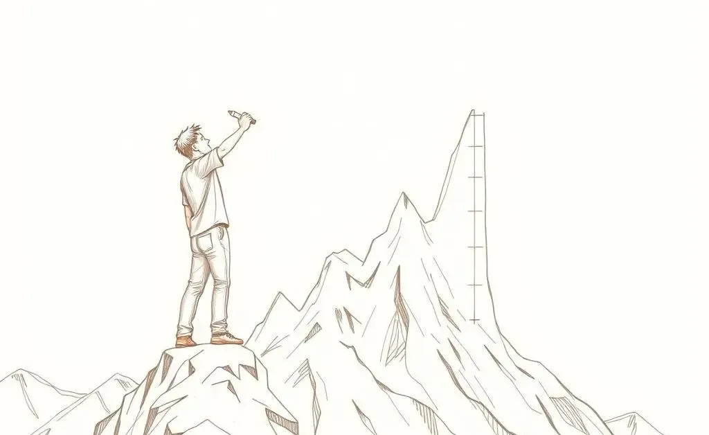 A person marking goals on a mountain peak chart.