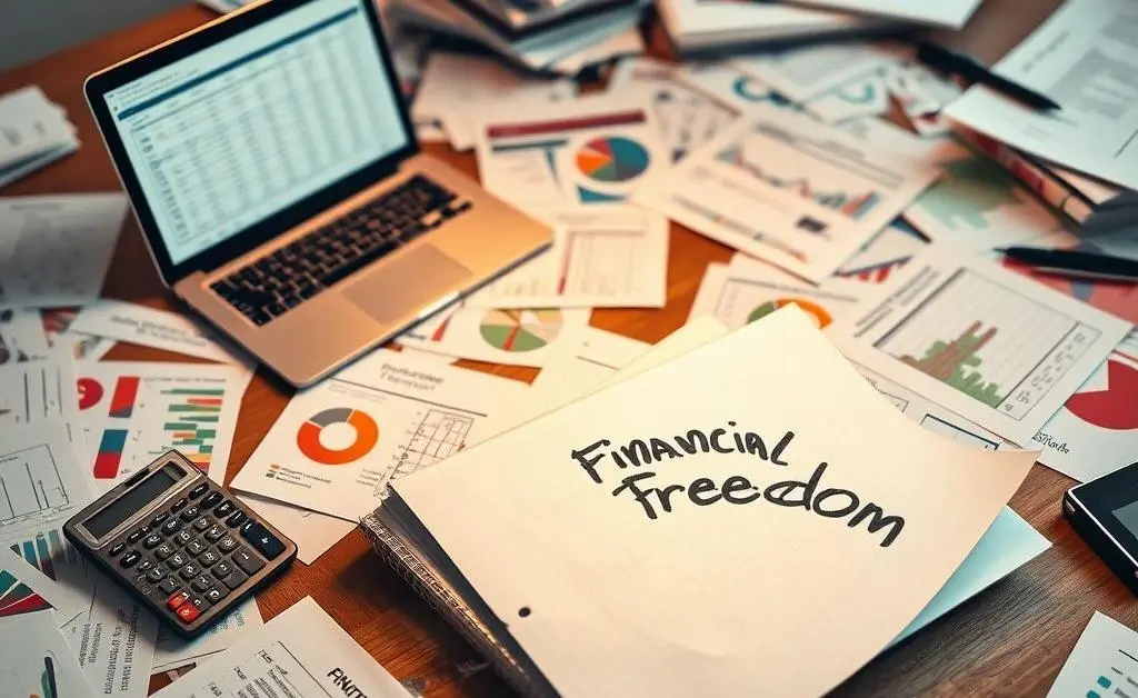 A desk covered in financial planning papers, a calculator, and a laptop, with a focus on an action plan document labeled 'Financial Freedom'.