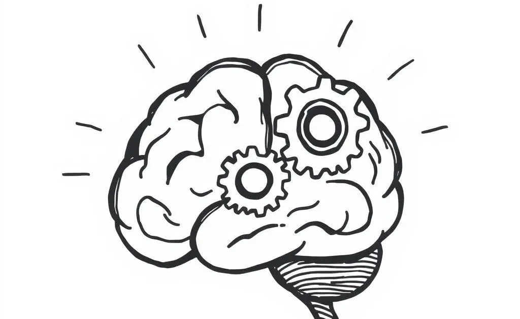 A hand-drawn brain with gears, symbolizing actionable saving tips
