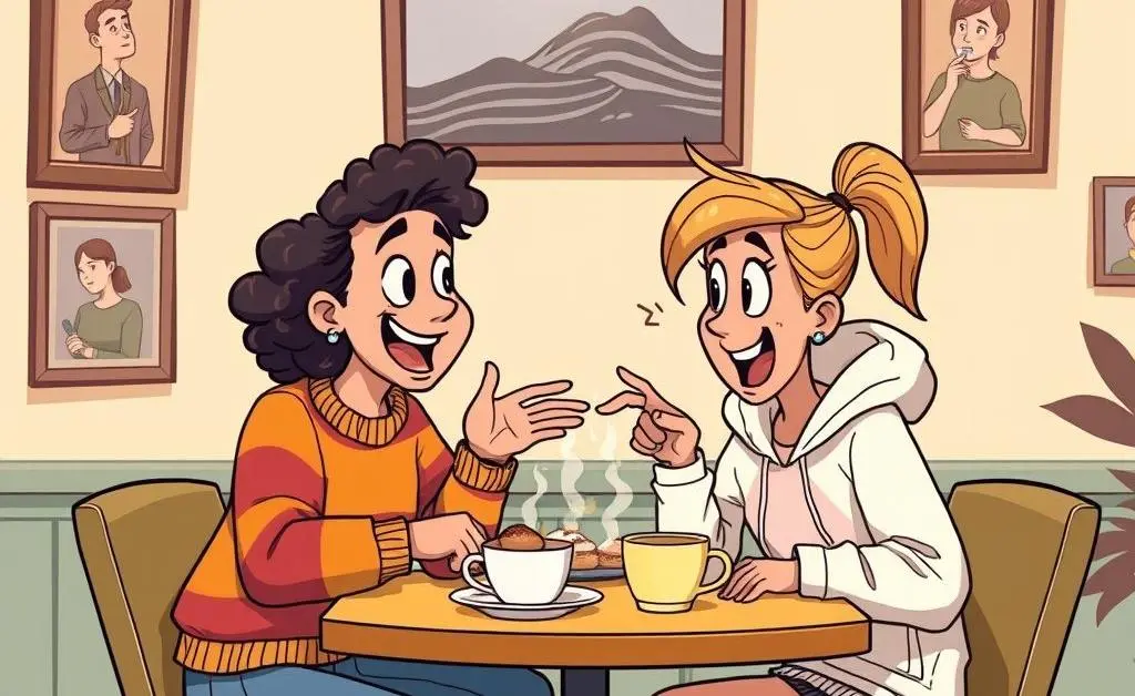 Friends actively engaged in conversation at a café.