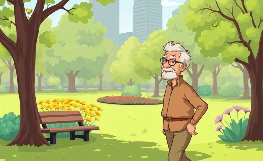 Active retiree walking through a park enjoying nature.