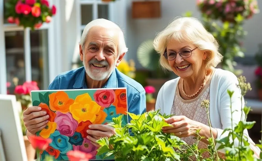 An older couple joyfully engaging in painting or gardening