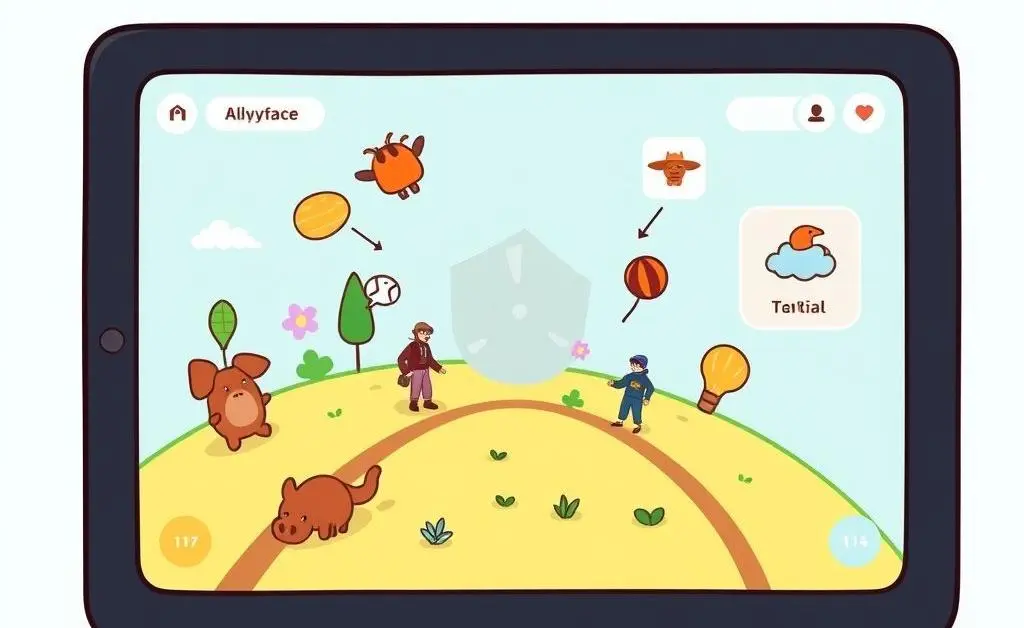 An intuitive cartoon-style digital interface on a screen, with elements moving to adapt to user interactions.