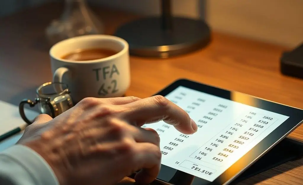 A hand adjusting budget numbers on a tablet beside a cup of tea.