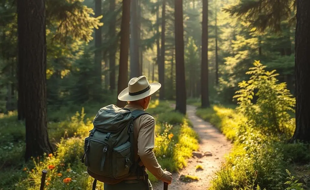 A backpacker walking through nature, symbolizing post-retirement adventures.
