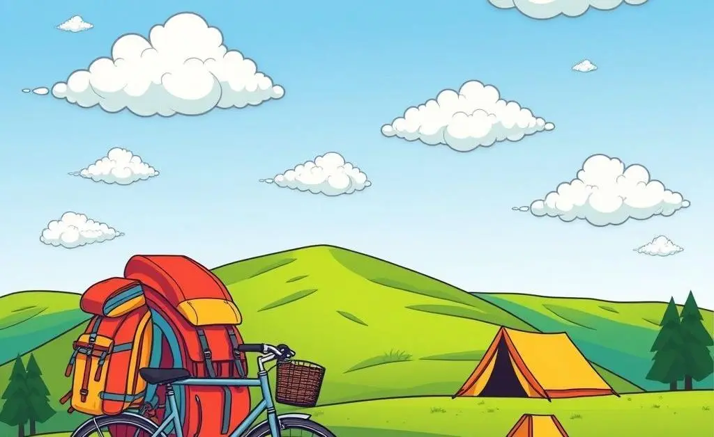 A scenic cartoon landscape with travel backpacks.