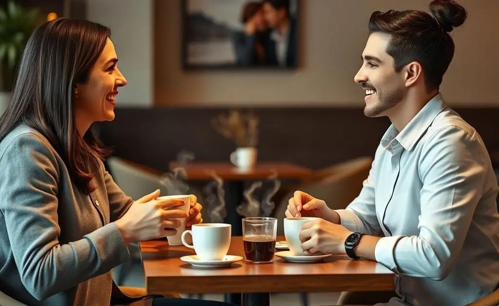 Two people having a friendly discussion over coffee