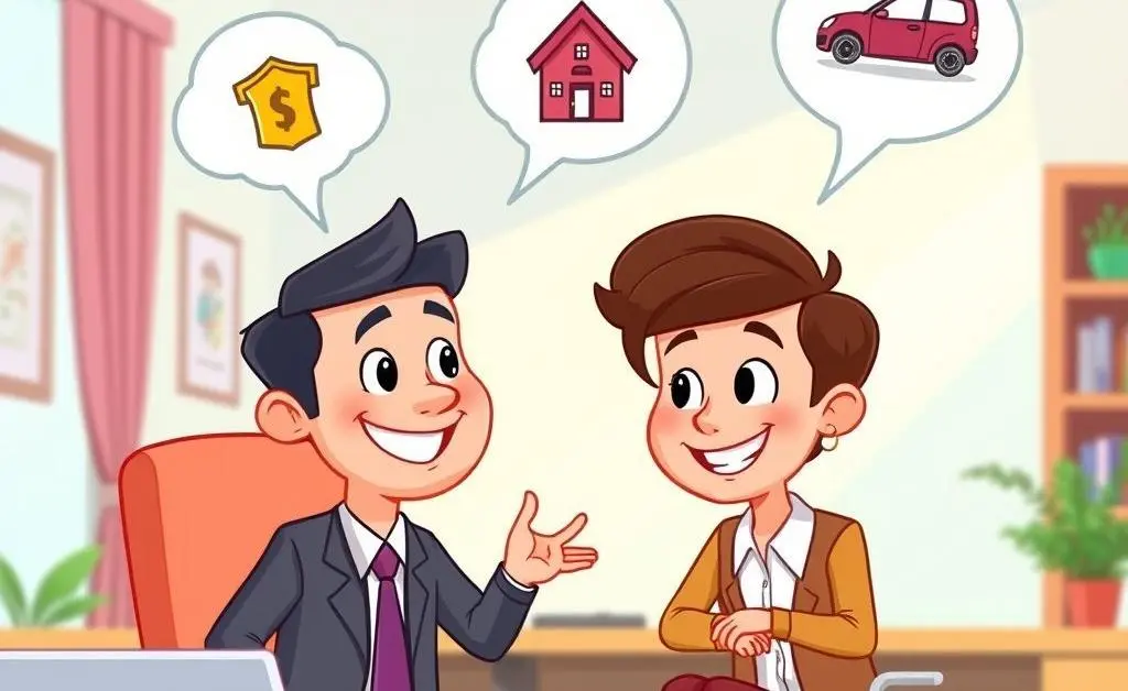 Friendly cartoon insurance agent advising a client with visual thought bubbles