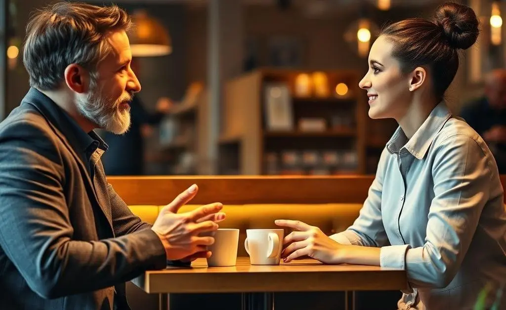 An advisor discussing career options with a young professional over coffee.