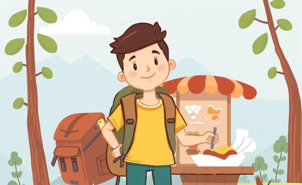 A light-hearted illustration of a traveler enjoying affordable activities like hiking and street food tasting.