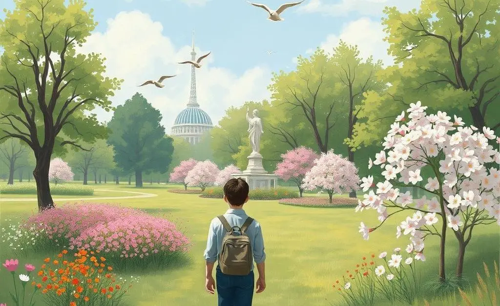 Depicts someone walking through a peaceful park with blooming flowers and birds flying.