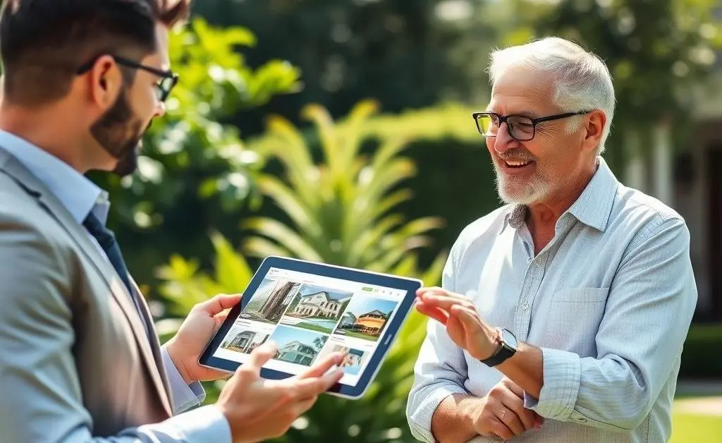 A real estate agent explaining property details using a tablet to a smiling client outdoors.