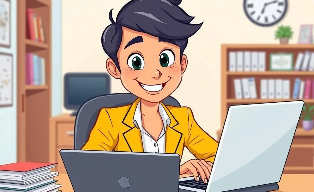 Cartoon-style image of a life insurance agent working at a desk with a laptop and papers.