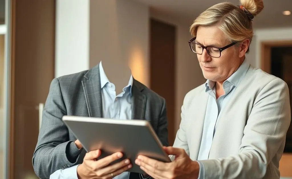 A thoughtful interaction between a professional and a client reviewing insurance details on a tablet.