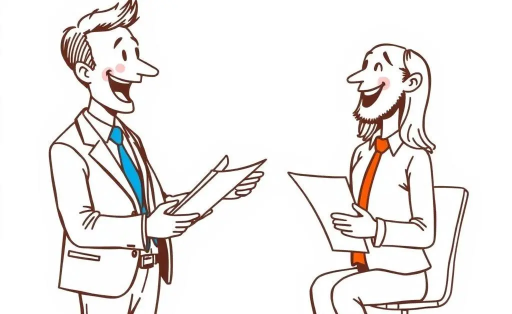 A hand-drawn image of an insurance agent enthusiastically discussing policies with a client.