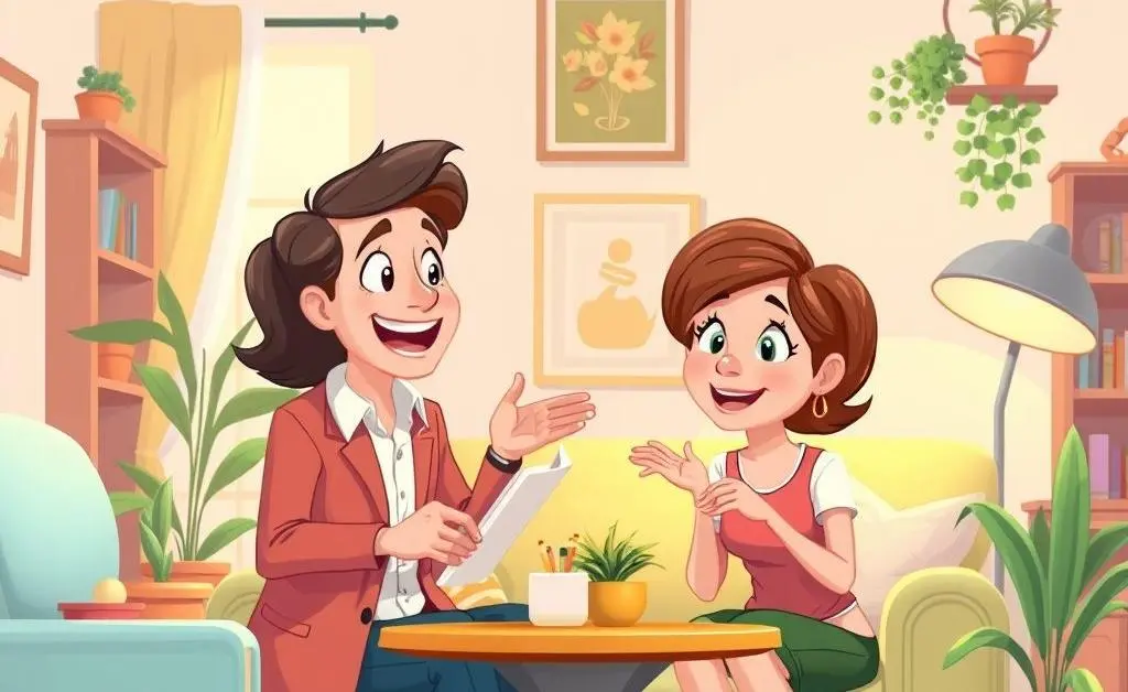 Real estate agent giving advice to a homeowner in a warm cartoon-style setting