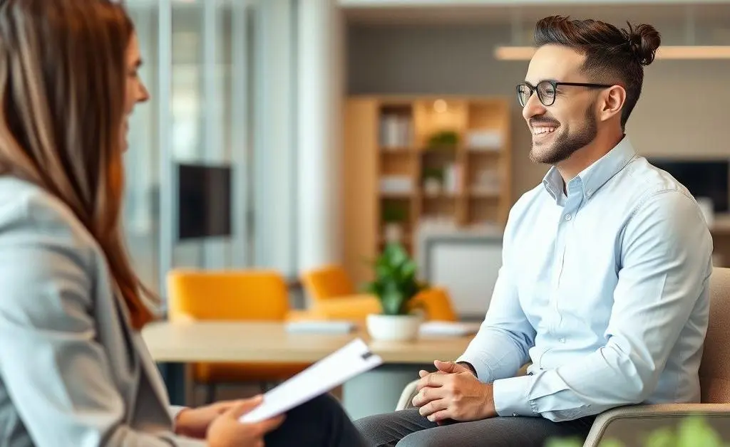 An insurance agent happily meeting with a client in a modern office setting.