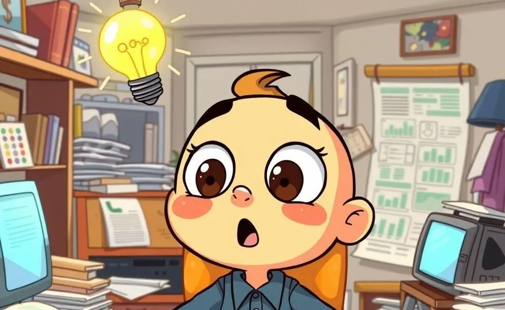 A cartoon character having an 'aha!' moment with a light bulb above their head while budgeting