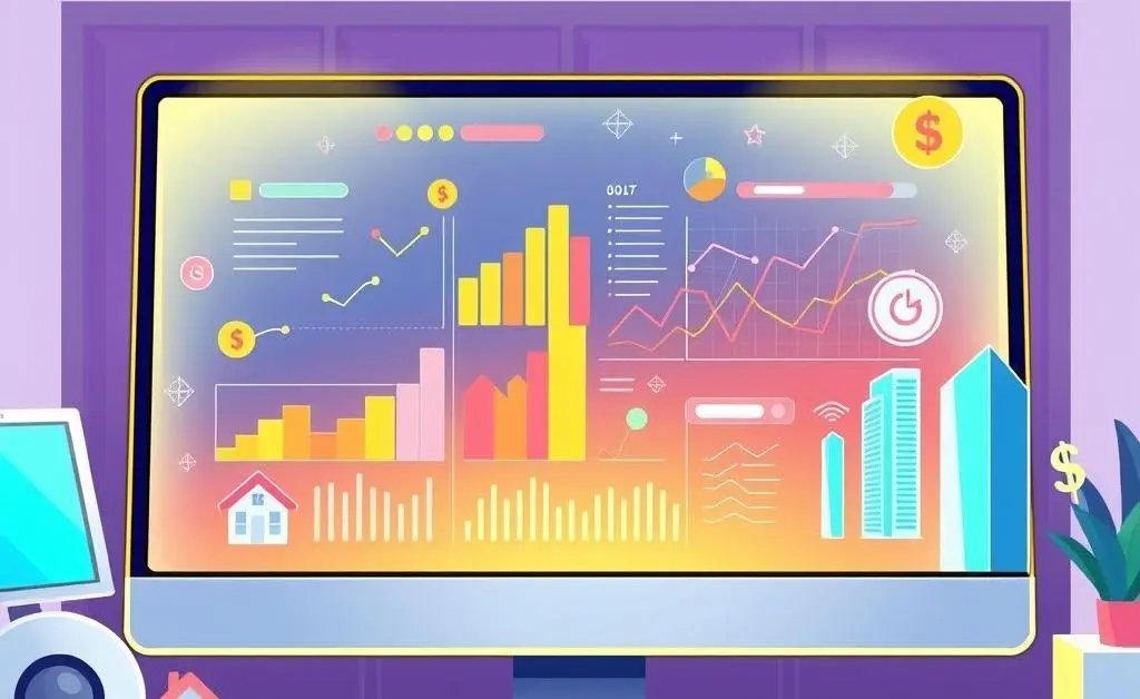 A cartoon image of a computer screen showing AI analyzing real estate data with charts and graphs.