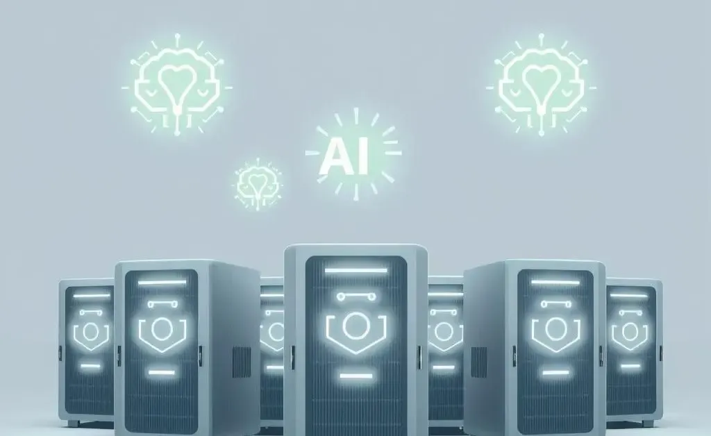 Servers with AI symbols hovering above them