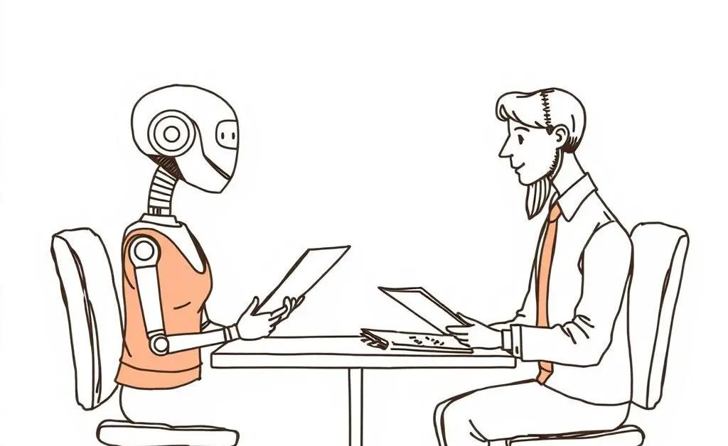 A hand-drawn illustration of an AI assistant helping an insurance agent with paperwork.