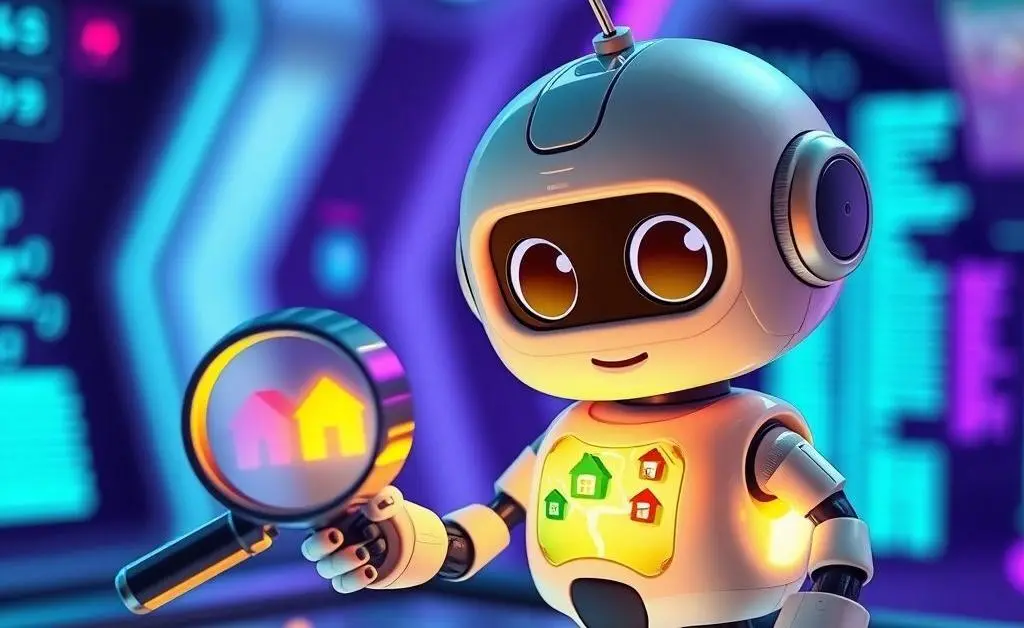 A whimsical AI robot with a magnifying glass searching for houses on a digital map.