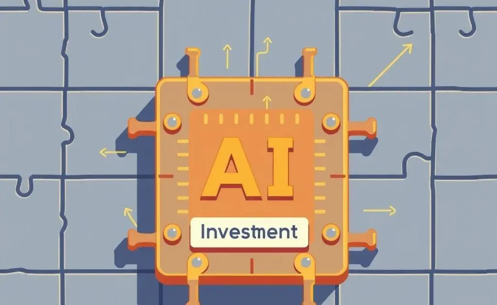 Illustration of an AI chip fitting into a larger puzzle, labeled as 'Investment'.