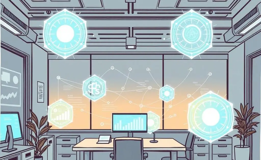 A hand-drawn style image of AI holograms analyzing data floating around in a futuristic office.