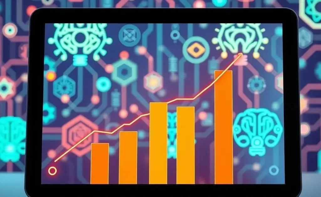 Tablet displaying a growing chart against a backdrop of AI-related icons.