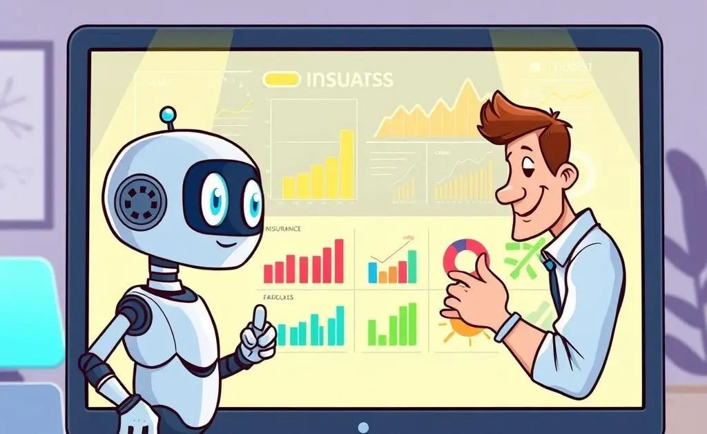 A cartoon showing AI analyzing insurance data on a computer screen.
