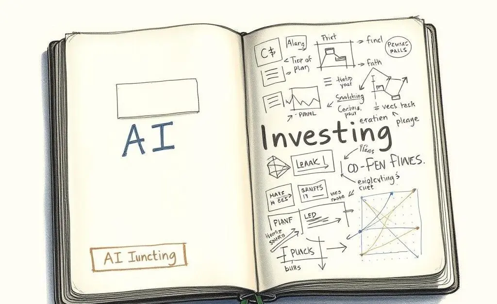 A hand-drawn image of a journal labeled 'AI Investing' filled with scribbles and plans.