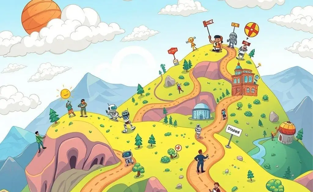 A cartoon-style map showing a journey with AI-related milestones.