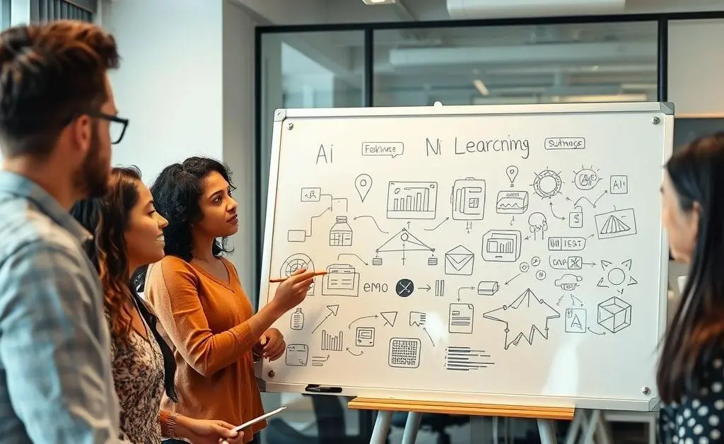 A small team of diverse engineers in a modern office, brainstorming and sketching AI ideas on a whiteboard.