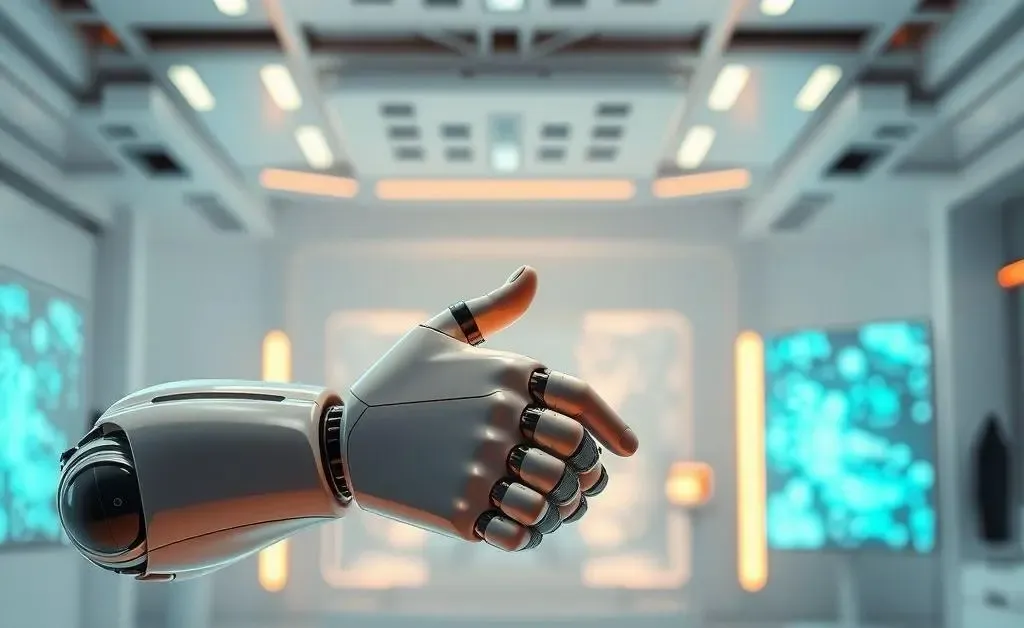 A modern robot handshake symbolizing AI and human collaboration