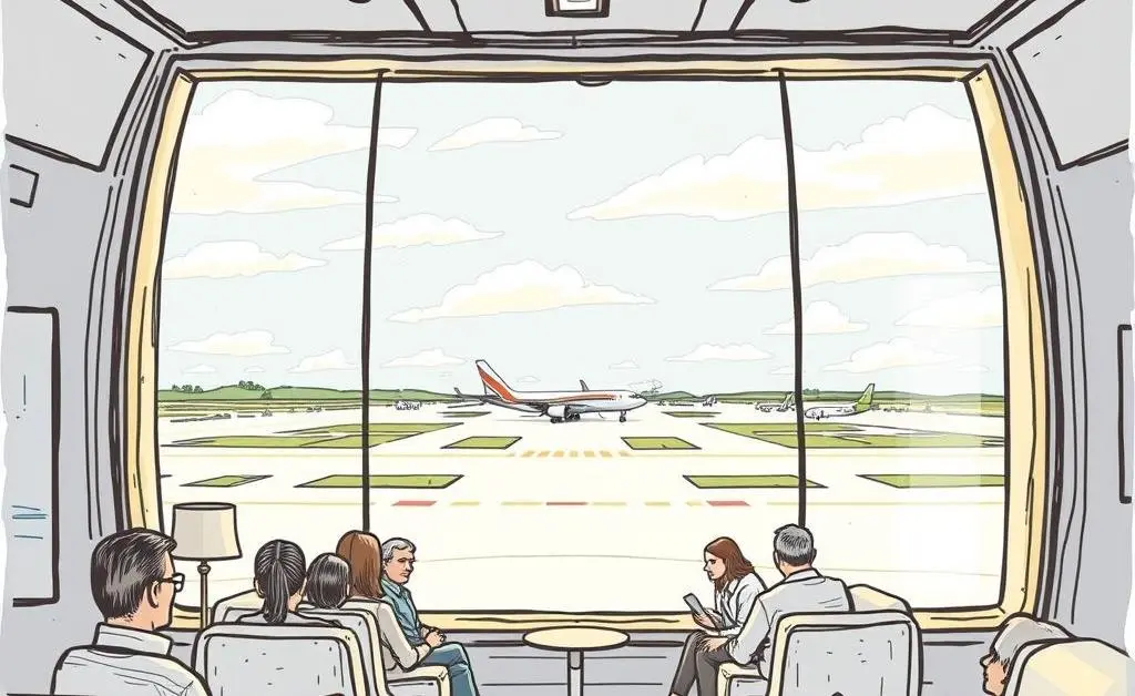 Cozy airline lounge view with people relaxing and a runway view.