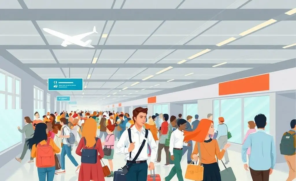 Illustration of a bustling airport scene with people rushing to their gates