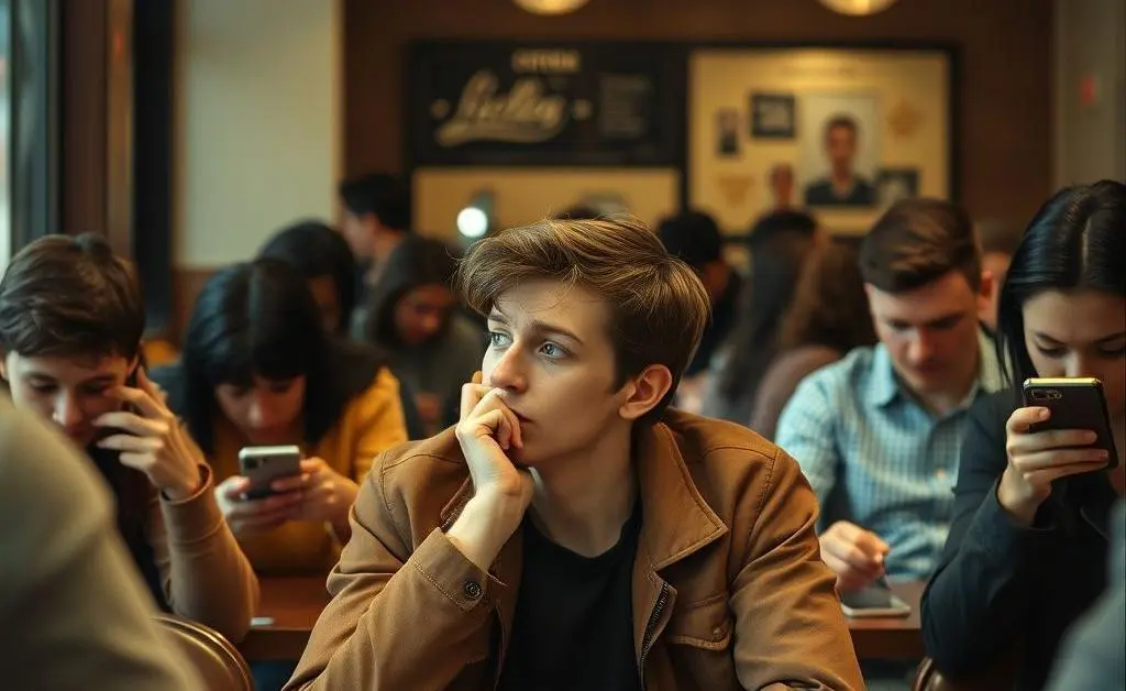 Person at a café looking lonely surrounded by people on phones