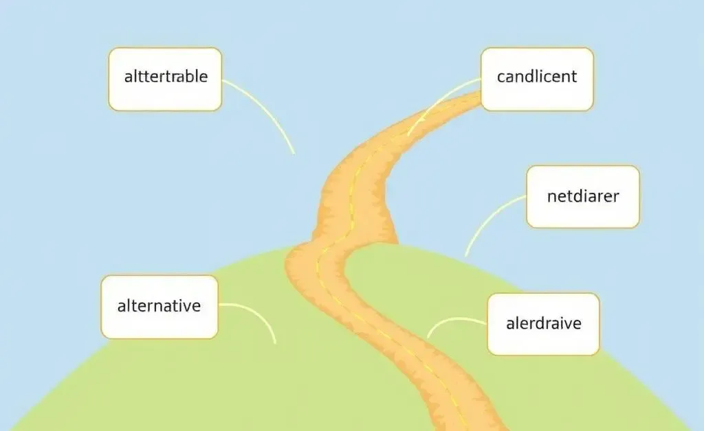 Illustration of a path splitting into several, labeled 'alternative options'.