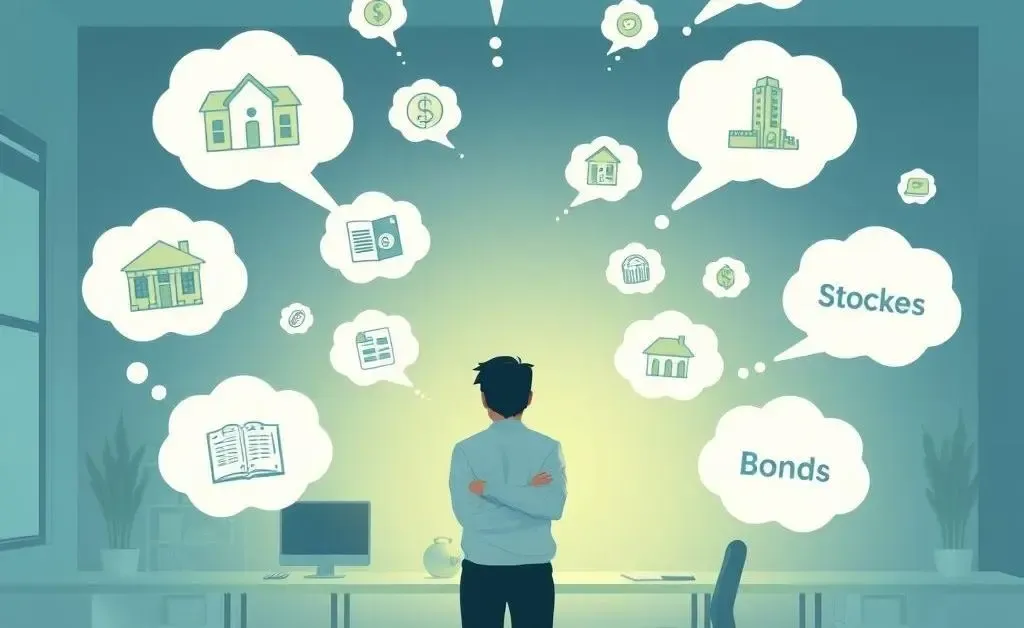A person surrounded by thought bubbles representing different investment alternatives