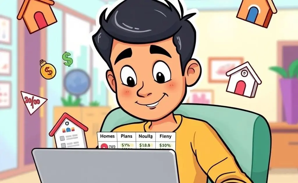 Cartoon image of a person reviewing different mortgage loan options on a laptop