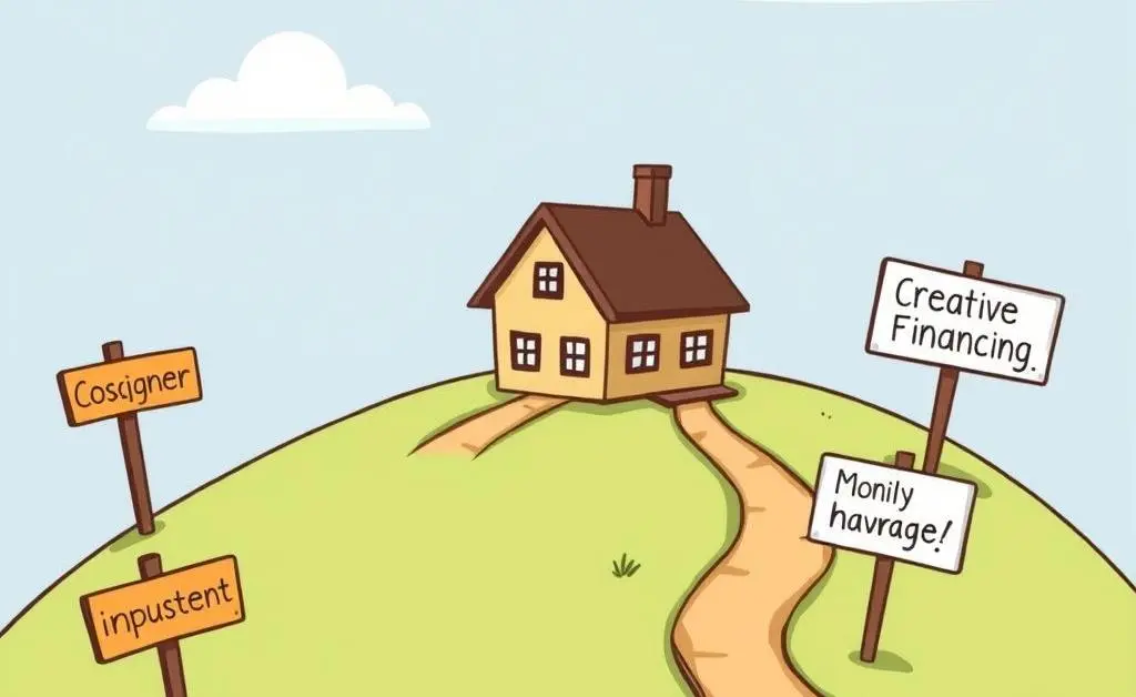 A cartoon illustration of a winding path with creative financing signs leading to a house.