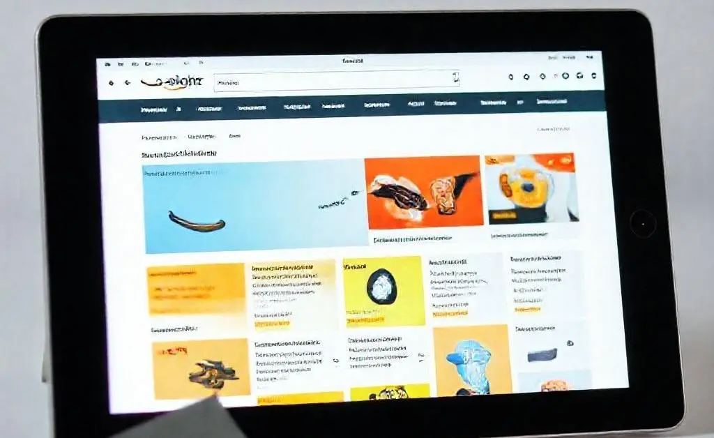 A digital device displaying a vibrant Amazon shopping page with deals and a credit card beside it