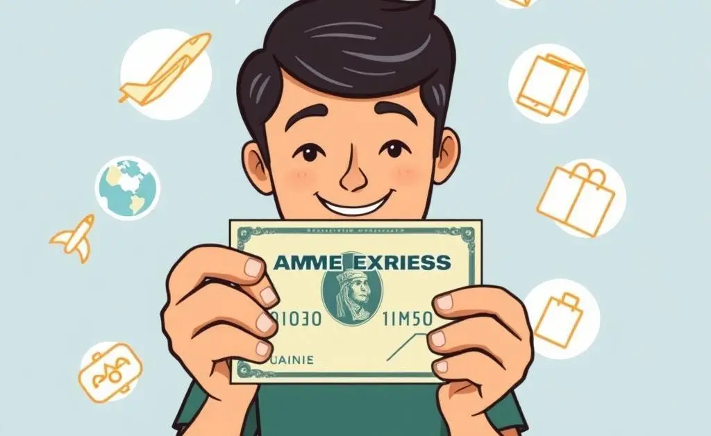 Amex card with benefits icons floating around