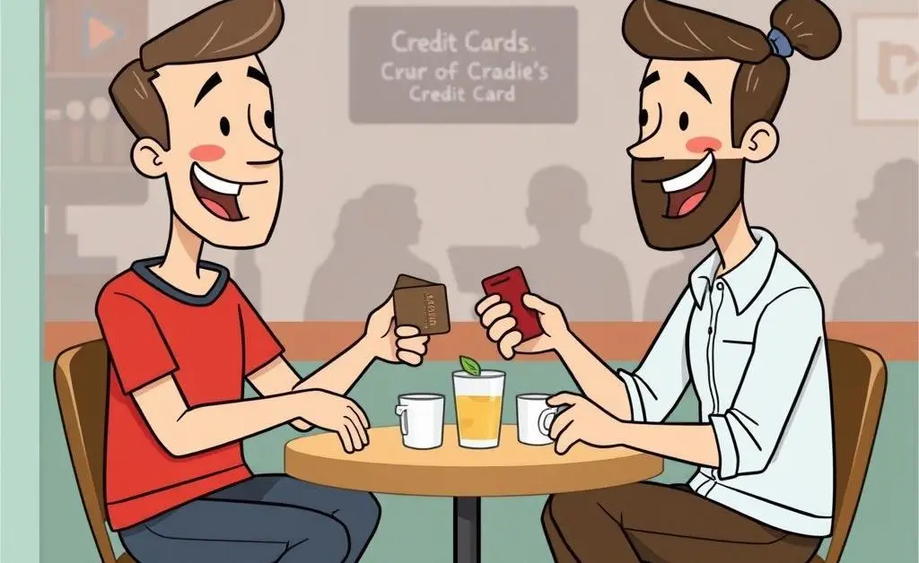 Two cartoon-style people sitting at a cafe, discussing credit card benefits enthusiastically over coffee.