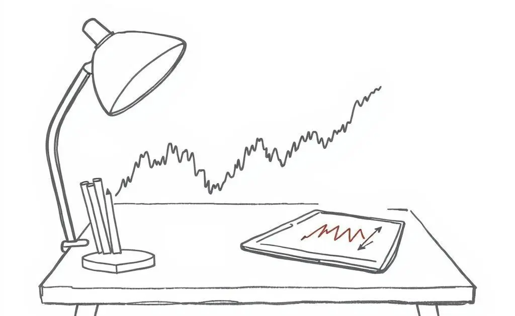 Minimalist drawing of a desk with a tablet displaying a stock market chart