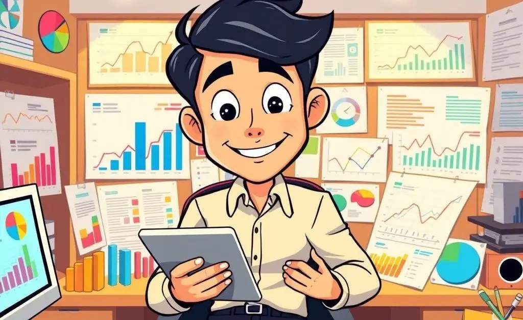 A cartoon-style image of a financial analyst at a desk with graphs and charts.