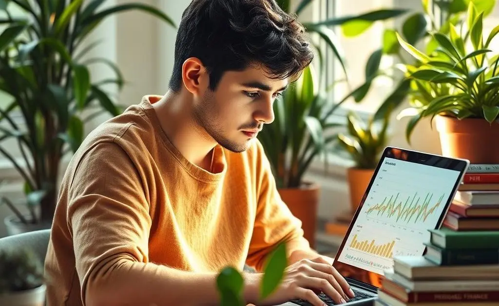 A person sitting comfortably on a couch with a laptop showing investment charts, surrounded by books and plants.