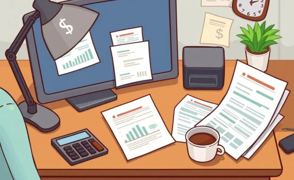 A home office desk with financial papers