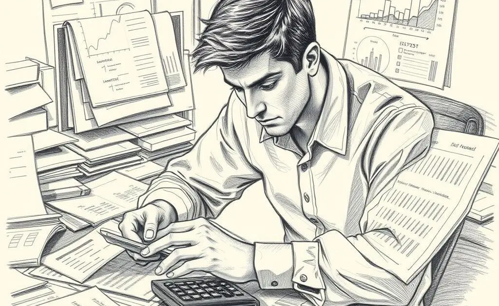 A person looking at financial documents with a calculator.