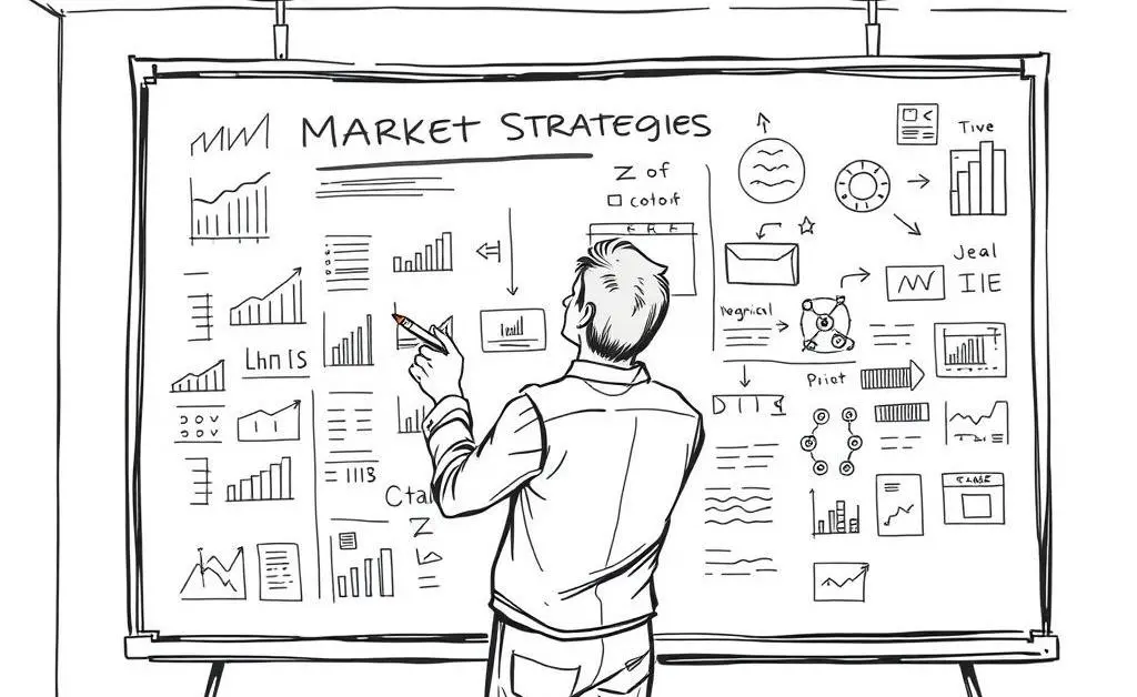 A hand-drawn style image of a person analyzing market strategies on a whiteboard.
